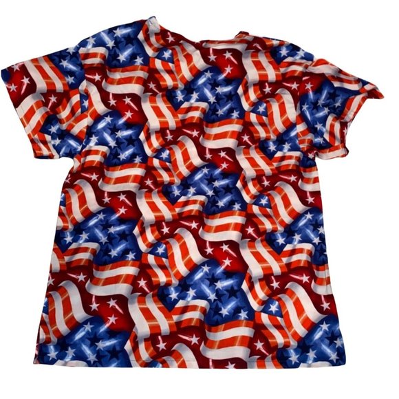 Peaches Patriotic Flag Medical V Neck Scrub Top - Picture 2 of 8